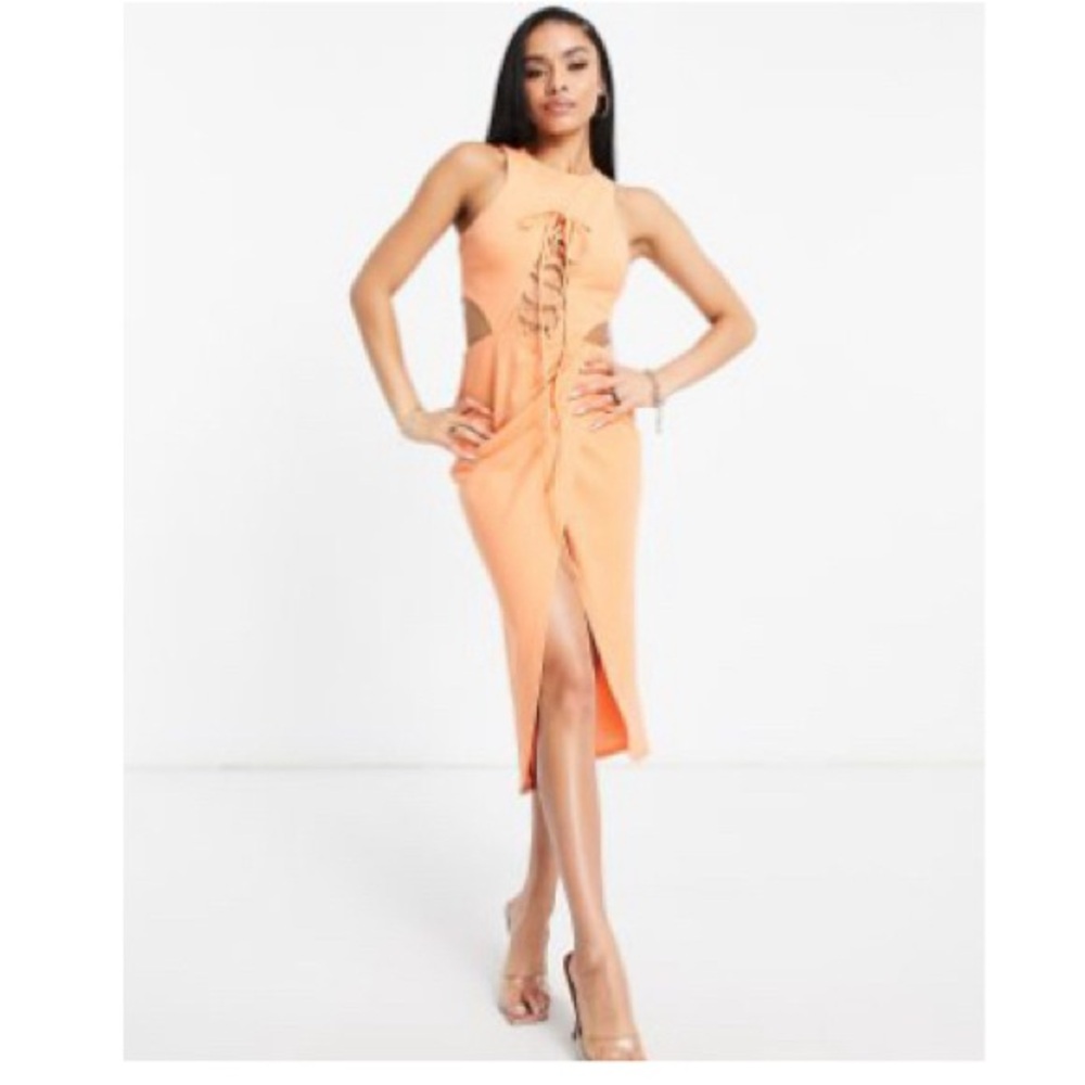 New Elegant Orange Lace-Up Midi Dress